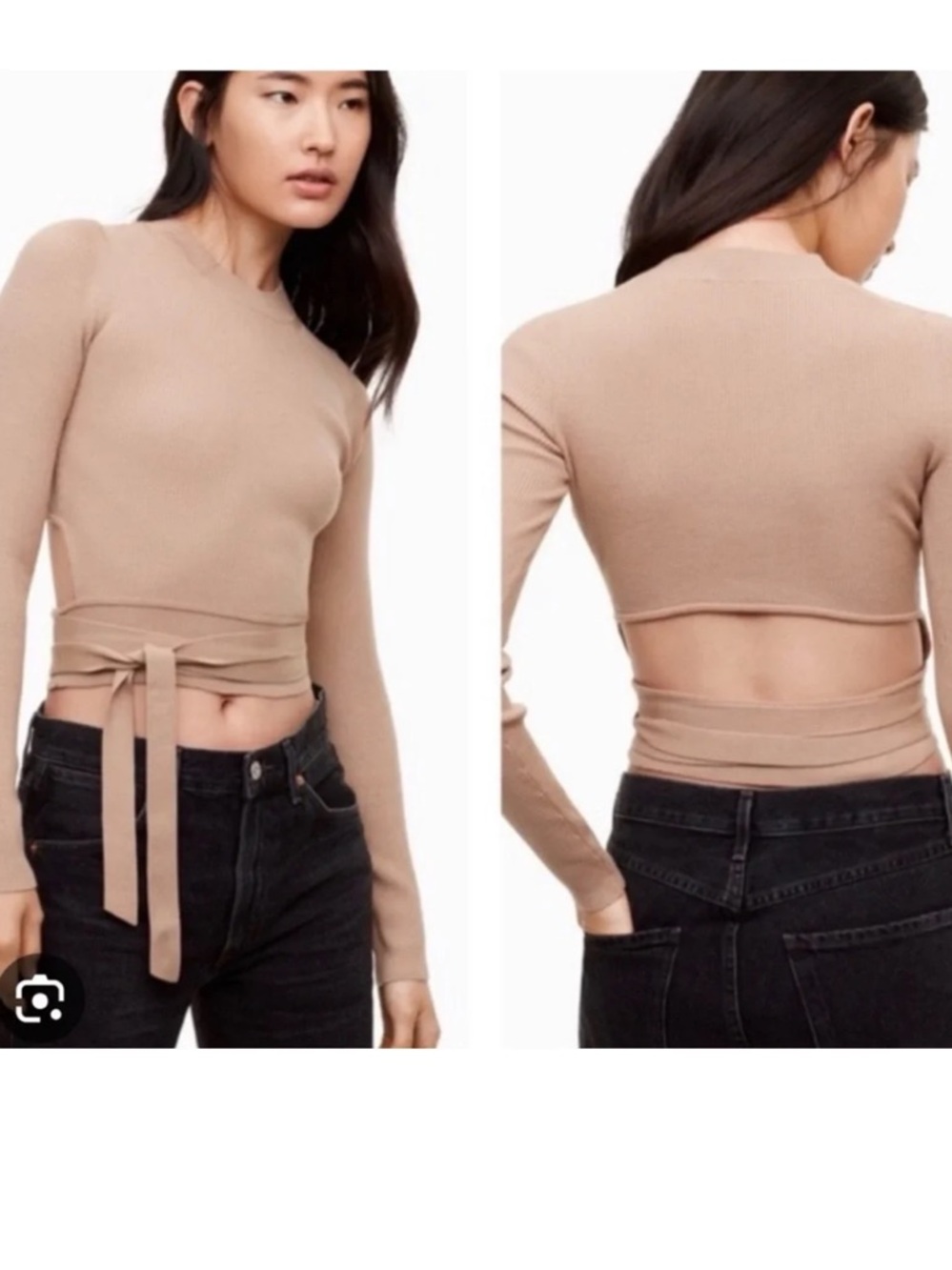 Aritzia Wilfred Mayrac Merino Wool Tie-Waist Long Sleeve Open Back Cutout Beige